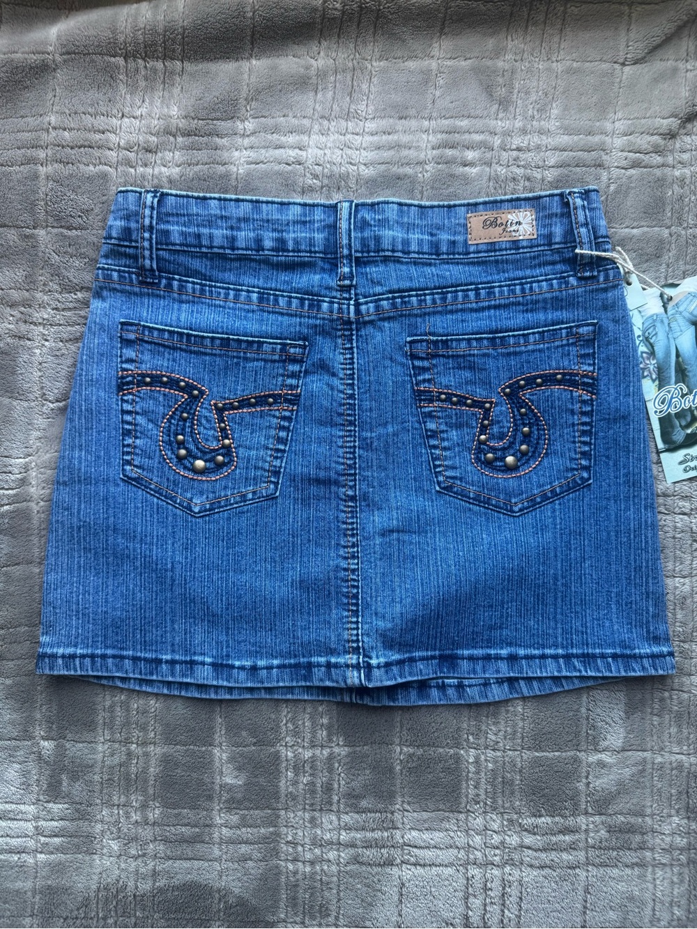 Denim Mini Skirt with Embellished Back Pockets - Blue
